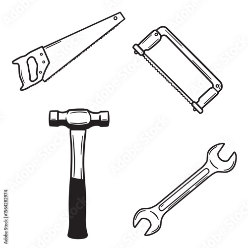 Hand drawn construction tools ornament set for carpentry and repair
