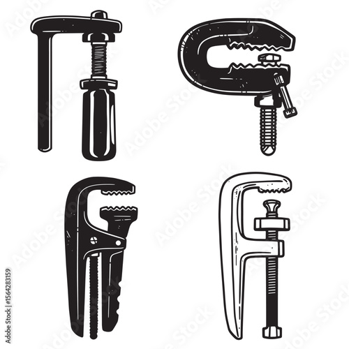 Hand drawn wood clamps set in monochrome for carpentry and woodworking projects, with a unique ornament style.