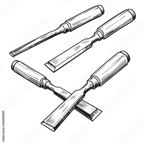 Hand drawn woodworking chisels ornament set in black and white with detailed lines