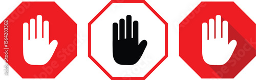 Red Octagonal Stop Sign with Hand Icons for Safety Warnings. No Entry Stop Hand Symbol for Prohibited Activities.