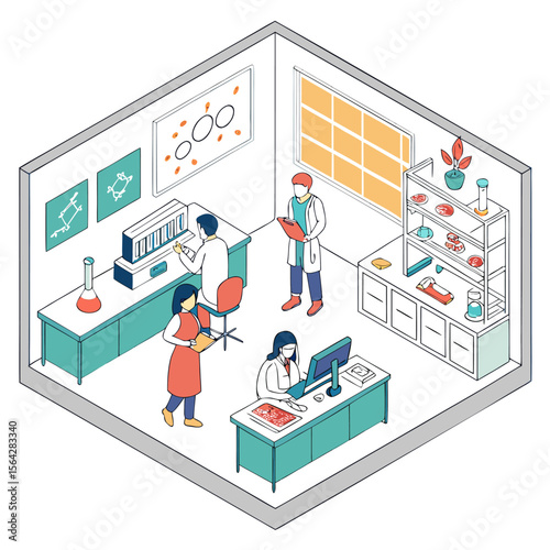 Isometric view of a modern science laboratory with researchers conducting experiments and analyzing data at workstations and equipment