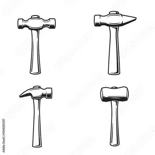Set of four black and white hammer ornament illustrations on white background
