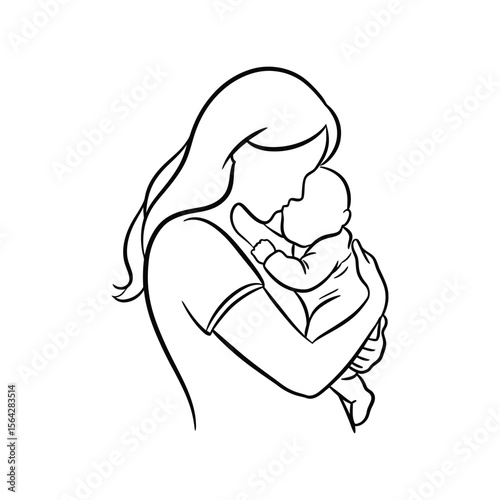 Minimalist Mother and Baby Line Art Vector - Loving Maternal Embrace