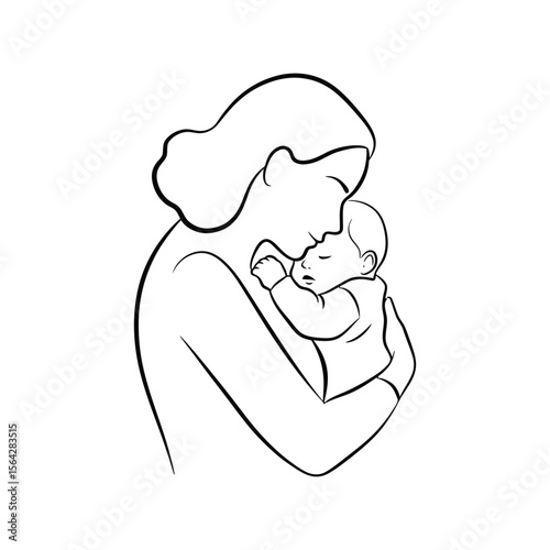 Minimalist Mother and Baby Line Art Vector - Loving Maternal Embrace