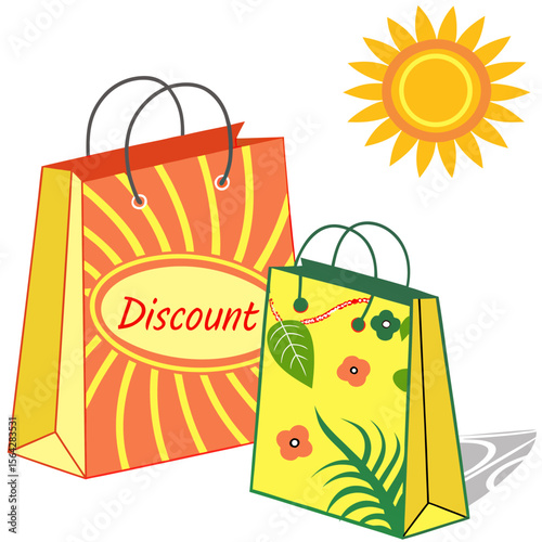 Bright sunny day with two colorful shopping bags one featuring a discount label and the other adorned with floral patterns