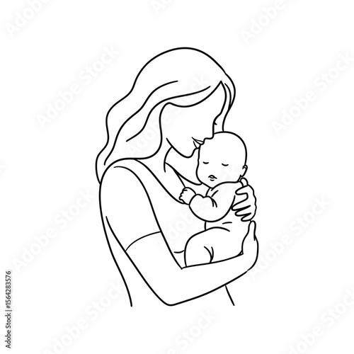 Minimalist Mother and Baby Line Art Vector - Loving Maternal Embrace