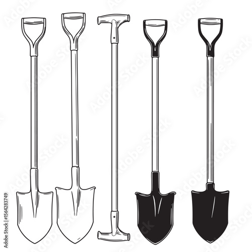 Set of various garden shovels and spade tools in vintage engraved style