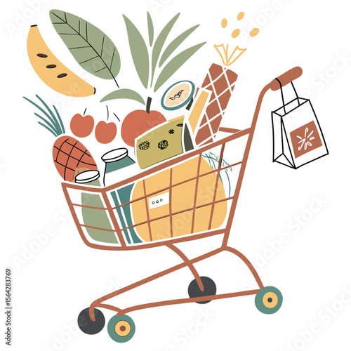 A charming flat illustration of a fully stocked grocery shopping cart overflowing with fresh fruits vegetables dairy products and a shopping bag hanging off the side