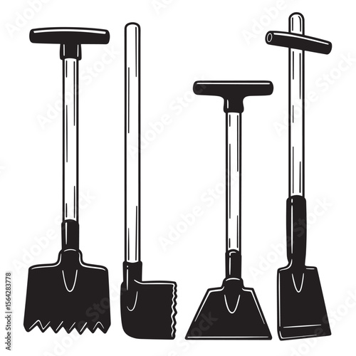 Simple black and white illustration ornament set of gardening hand tools including shovels and a hoe for design
