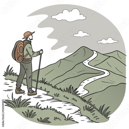 A lone hiker with a backpack and walking stick pauses on a winding path overlooking a scenic mountain landscape with a winding road