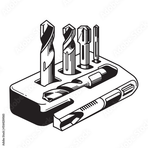 Vintage drill bit set illustration hand drawn black and white style