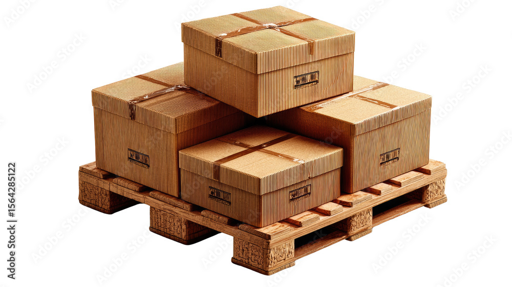 Stacked Cardboard Boxes on Pallet: Securely packaged cardboard boxes, tied with twine, sit neatly stacked on a wooden pallet, ready for shipment or storage. Stacked Cardboard Boxes on Pallet: Securely packaged cardboard boxes, tied with twine, sit neatly stacked on a wooden pallet, ready for shipment or storage.