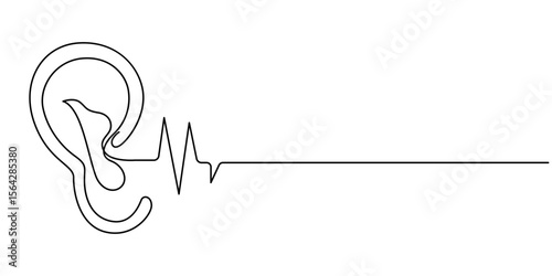 One continuous line drawing of human ear . Single line of human ear vector illustration, Human ear one continuous line. Hearing aid in human ear continuous one line drawing. Hearing device