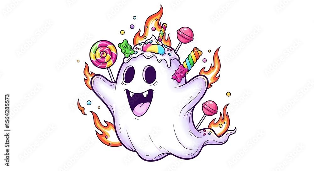 Naklejka premium Cartoon ghost surrounded by flames and topped with candy and lollipops on white background