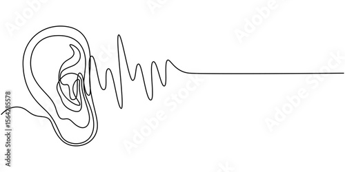 One continuous line drawing of human ear . Single line of human ear vector illustration, Human ear one continuous line. Hearing aid in human ear continuous one line drawing. Hearing device