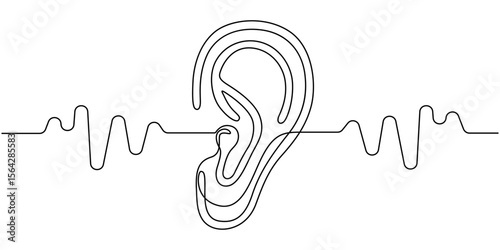 One continuous line drawing of human ear . Single line of human ear vector illustration, Human ear one continuous line. Hearing aid in human ear continuous one line drawing. Hearing device