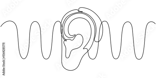 One continuous line drawing of human ear . Single line of human ear vector illustration, Human ear one continuous line. Hearing aid in human ear continuous one line drawing. Hearing device