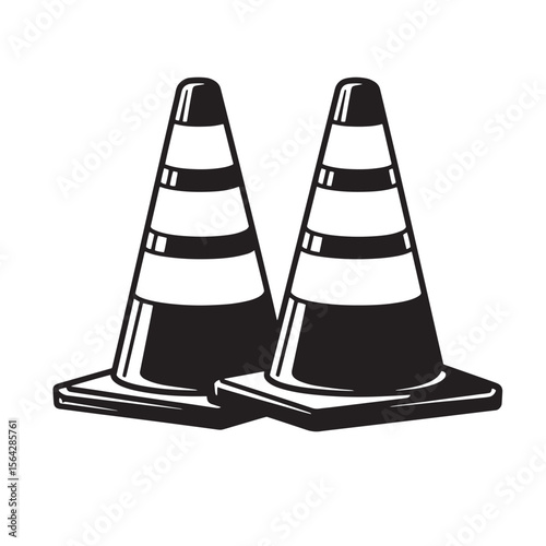 Black and white illustration of two traffic cones side by side ornament set