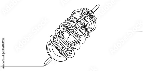 One Continuous Line Drawing of Shish Kebab. Hand drawn one line vector. Editable stroke, One continuous line drawing of fresh delicious traditional Turkish kebab restaurant logo emblem. Turkey food.
