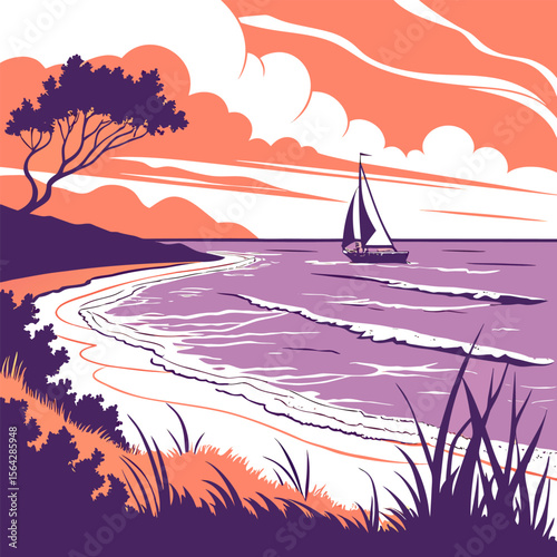 Stylized illustration of a lone sailboat gliding across a calm purple sea with gentle waves near a sandy beach and a solitary tree under a dramatic orange sky with clouds