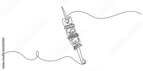 One Continuous Line Drawing of Shish Kebab. Hand drawn one line vector. Editable stroke, One continuous line drawing of fresh delicious traditional Turkish kebab restaurant logo emblem. Turkey food.