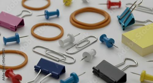 Colorful Assortment of Essential Office Supplies: Paper Clips, Rubber Bands, Thumbtacks, Binder Clips, and Sticky Notes Scattered on a White Backgr...