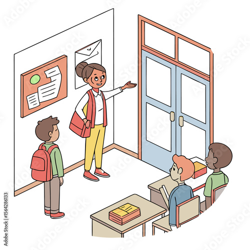 A friendly teacher welcomes students into a classroom pointing towards the door and the bulletin board with educational materials displayed