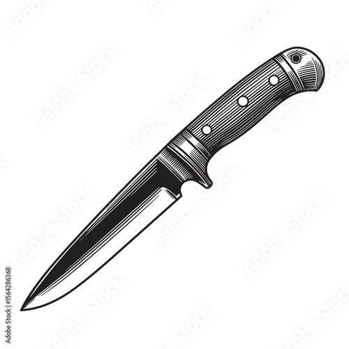 Detailed black and white illustration of a classic hunting knife with ornament set in vintage engraving style