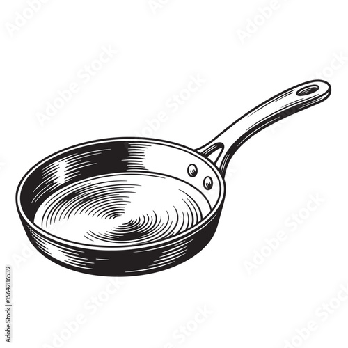 Detailed engraved illustration of a frying pan for culinary and kitchen design set