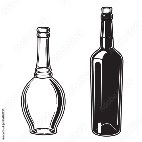 Elegant vintage bottle ornament set in black and white isolated on white background