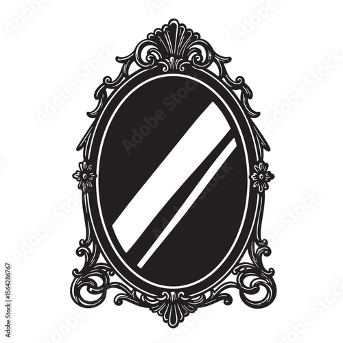 Elegant vintage oval mirror frame ornament set in black and white vector illustration