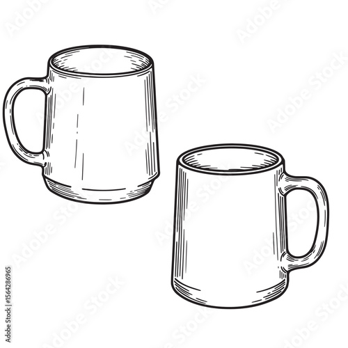 Hand drawn illustration of an ornament set of two coffee mugs on a white background