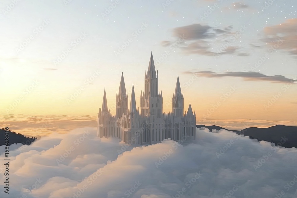 Naklejka premium Enchanting Castle Floating Above the Clouds at Tranquil Sunrise