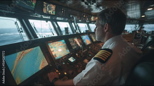 Captain in white shirt with shoulder stripes sitting at the helm, looking out through large windows on an big ship bridge with modern computer screens showing cartography and weather details.