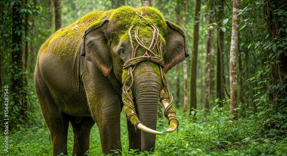 Fototapeta premium A majestic elephant covered in moss and vines stands in a lush forest, blending harmoniously with nature in a serene and magical wilderness scene.