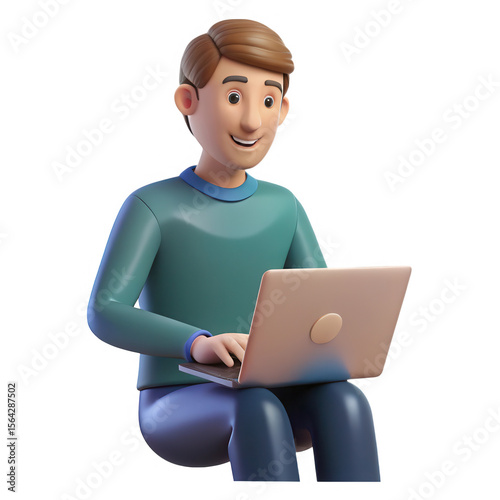 3d character working on laptop isolated on transparent background