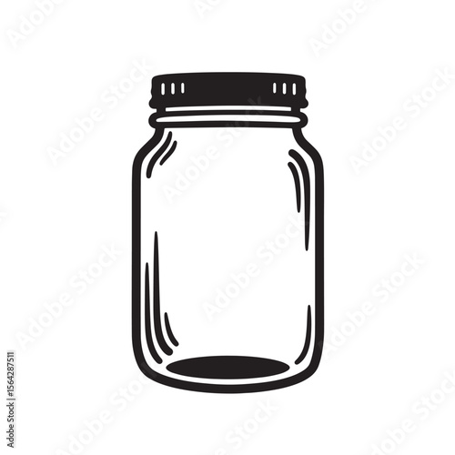 Simple black and white illustration of an empty mason jar perfect for food storage and ornament set designs
