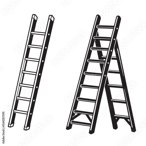 Simple black and white vector illustrations of two wooden ladders in different positions set as ornament