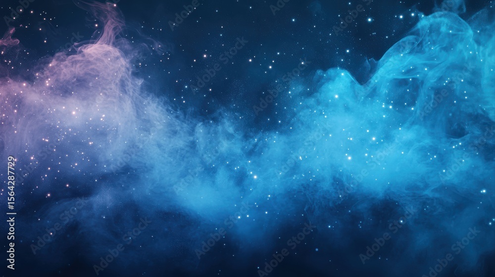 Obraz premium Fantastic smoke background. Magic smoke with glitter and small particles of twinkling stars, fog with luminous particles, blue vapor with stardust. Vector illustration.