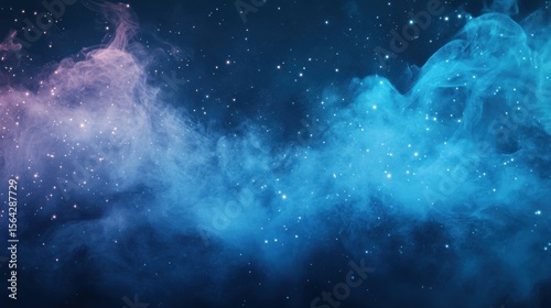 Fantastic smoke background. Magic smoke with glitter and small particles of twinkling stars, fog with luminous particles, blue vapor with stardust. Vector illustration.