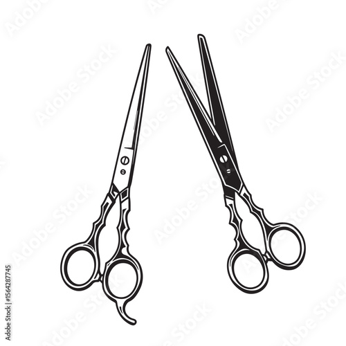 Two stylized barber scissors in black and white showing an ornament set