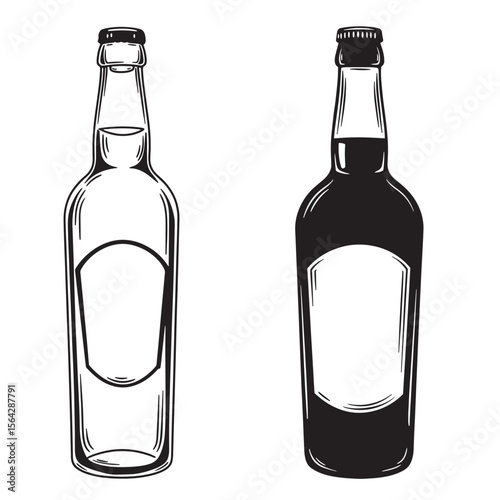 Vector illustration of beer bottle ornament set black and white isolated on white background