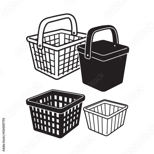 Vector illustration of four different style baskets in black and white ornamental set