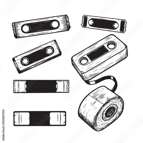 Vintage hand drawn cassette tapes and videotape set ornament with white background