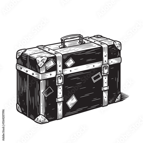 Vintage hand drawn trunk illustration with buckles straps and ornament details for travel adventure and exploration