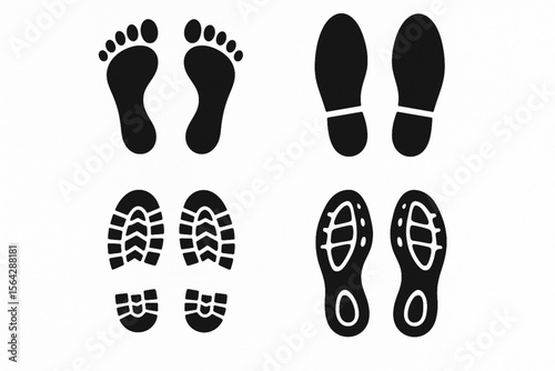 Footprint Icon Vector Set - Human Barefoot, Shoe, Boot, and Sneaker Track Silhouette Collection