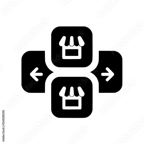 Icon of three storefronts with directional arrows representing distribution, logistics, or retail network management.