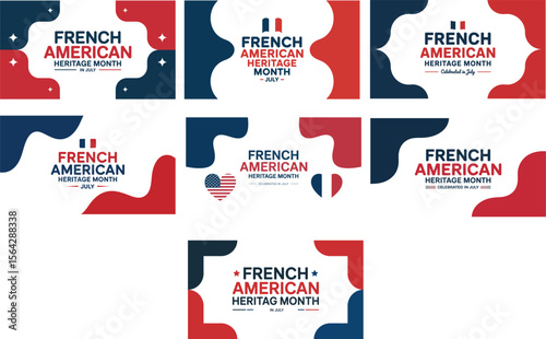Graphic collection for French American Month featuring stars, flags, and red-white-blue designs promoting cultural celebration in July.