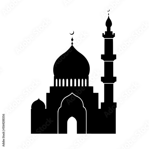 Black icon of a mosque with large dome and tall side minaret symbolizing Islamic architecture or religious structures.
