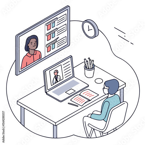 Person attending online class or meeting from home with a teacher or presenter visible on a large screen and laptop